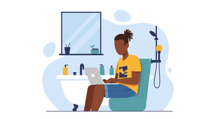 Man working on laptop in bathroom, perfect for illustrating remote work, flexibility, or modern lifestyle articles.