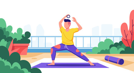 Man practicing yoga on a balcony overlooking a city, perfect for wellness websites or brochures.