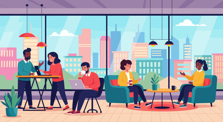 Diverse team collaborating in a modern, city-view office. Perfect for websites, brochures, and presentations on teamwork and innovation.