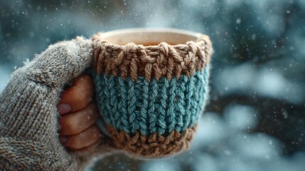 Cozy Person Enjoying Warm Beverage from Handcrafted Knitted Cup in a Relaxed and Inviting Setting