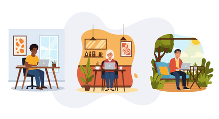 Diverse people working remotely from various locations: home office, cafe, and outdoors. Ideal for illustrating flexible work arrangements.