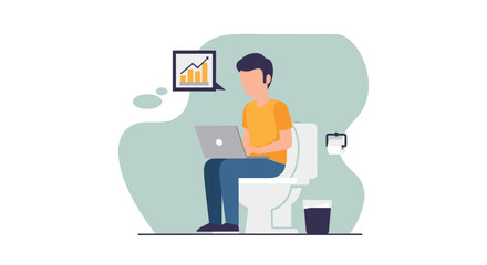 Man working on laptop while sitting on toilet - perfect for illustrating work-life balance or humorous business situations.