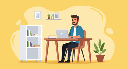 Man working on laptop at home office, perfect for website banners or blog posts about remote work.
