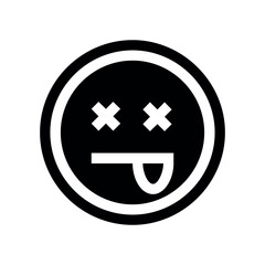 Black and white dead emoji with x eyes and tongue sticking out inside a circle shape graphic design