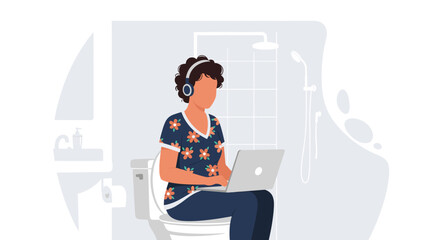 Woman working on laptop while sitting on toilet in bathroom, perfect for articles about work-life balance or remote work.
