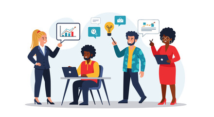 Diverse business team brainstorming, perfect for presentations on teamwork, collaboration, and innovation.