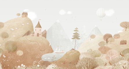 Cute watercolor landscape with hills, lake, village houses, castle. Landscape for a child's room. Hand drawn illustration. Wall art. Seamless pattern.