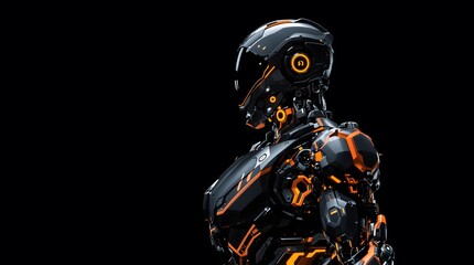 Futuristic android robot with glowing orange circuits on a dark background, showcasing advanced technology and AI