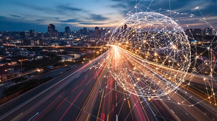 Global network connection over a futuristic cityscape with light trails on a busy highway at dusk