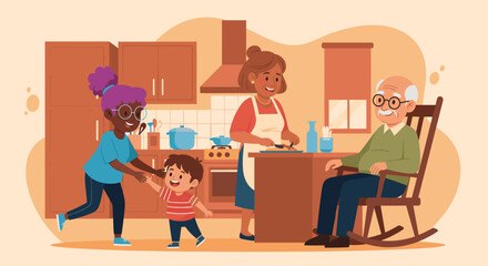Happy multigenerational family enjoying a meal together in their kitchen - perfect for family, togetherness, and food-related websites and brochures.