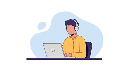 Person working on laptop with headphones, ideal for websites or presentations on remote work, online learning, or communication.
