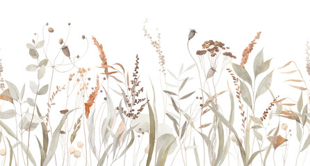 Vintage watercolor flowers horizontal border. Isolated on white background. Illustration for card, border, banner or your other design.