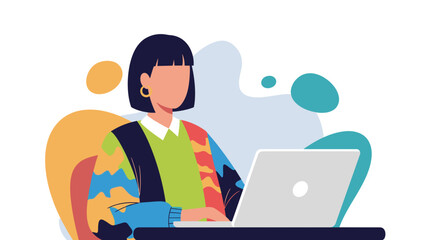 Woman working on laptop, colorful abstract background - perfect for website banners, blog posts, or social media.