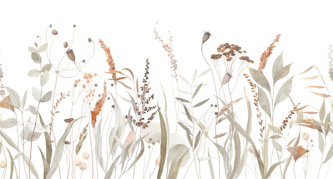 Vintage watercolor flowers horizontal border. Isolated on white background. Illustration for card, border, banner or your other design.