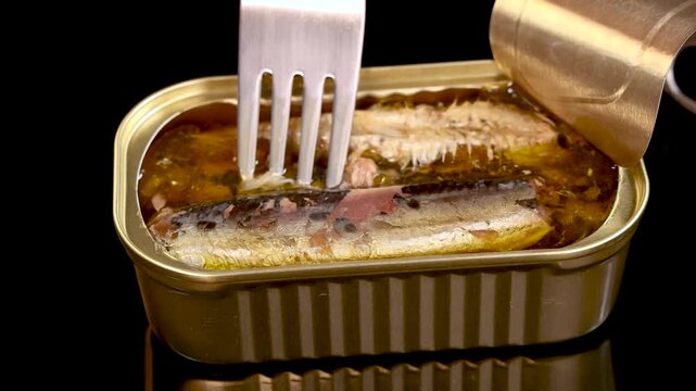 Fork Lifting Sardine from Open Canned Fish in Oil