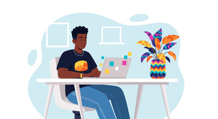 Young African American man working on laptop, ideal for website banners, blog posts, or social media.