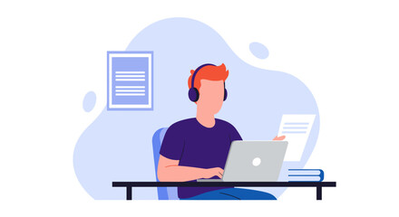 Young man working on laptop, reviewing documents. Perfect for online education, remote work, or study landing pages.