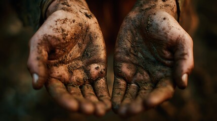 Obraz premium Close up of open hands covered in wet soil cupped together earthy texture strong natural light authentic mood
