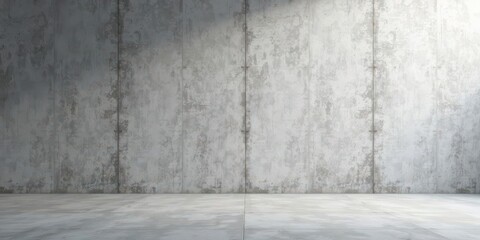 Fototapeta premium A sunlit minimalist interior space featuring a large, textured concrete wall and a smooth, polished concrete floor provides a clean, contemporary backdrop