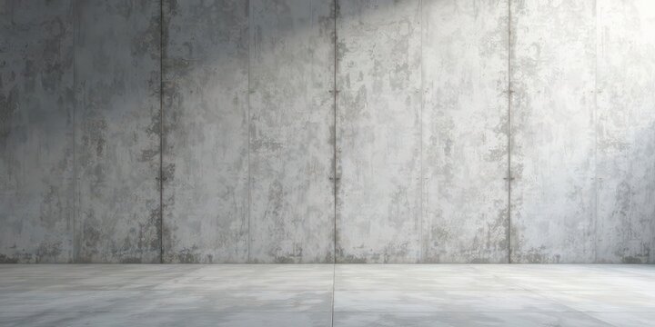 A sunlit minimalist interior space featuring a large, textured concrete wall and a smooth, polished concrete floor provides a clean, contemporary backdrop