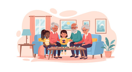 Grandparents and grandchildren playing a board game together, perfect for family, togetherness, and generational connection themed projects.