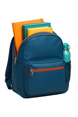Fototapeta premium Blue Backpack with Orange Folder, Colorful Books, and Water Bottle, Cutout Transparent PNG