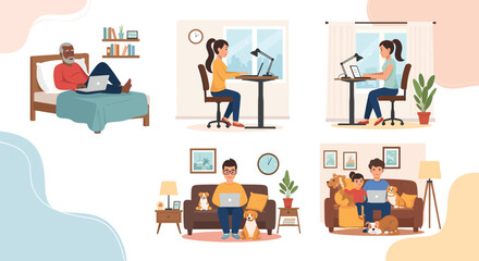 Diverse group of people working from home, perfect for illustrating remote work, work-life balance, or family life.