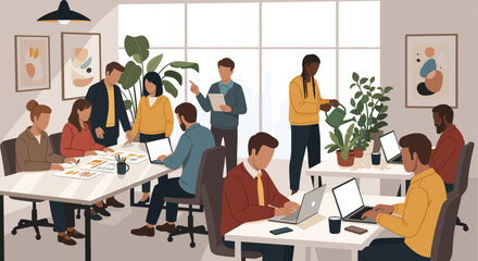 Diverse team collaborating in a modern, plant-filled office. Ideal for website banners, brochures, and presentations.