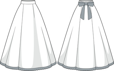 Blank A-line midi skirt template for fashion design and technical drawing, with a bow-tie back and a scalloped hemline detail