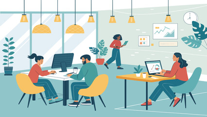 Diverse team working collaboratively in a modern, bright office. Ideal for website banners, brochures, or presentations on teamwork and productivity.