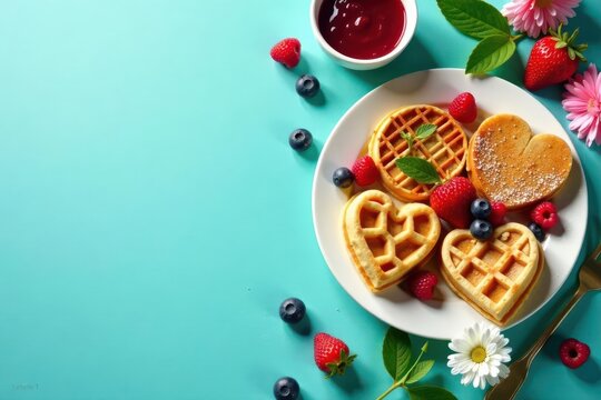 A delightful arrangement of heart-shaped and round waffles, adorned with fresh berries and a touch of mint, served alongside a small bowl of berry compote on a vibrant teal background. - Powered by Adobe