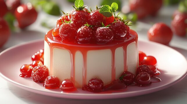 Gourmet strawberry dessert, drizzled glaze, pink plate, fresh berries background