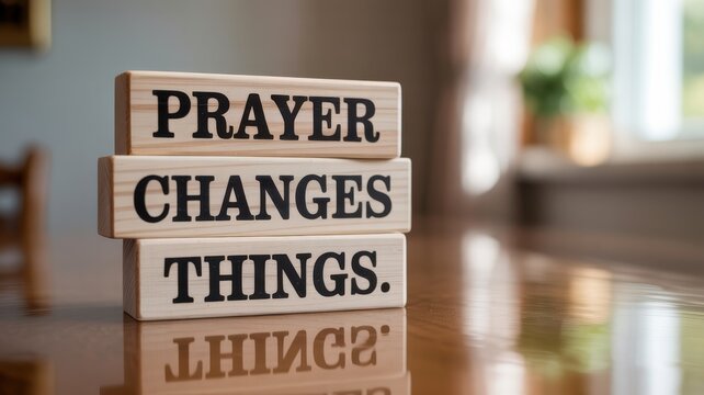 Prayer Changes Things Wooden Blocks Stacked on a Reflective Surface
