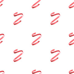 Vertically hanging red ribbon seamless pattern. Hand-painted watercolor illustration isolated on white background for festive, holidays, birthdays designs, branding, printing on textile and packaging