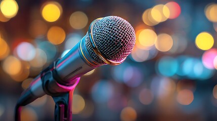 Closeup microphone with colorful blurred festive lights background and empty space for text