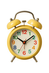 Classic Yellow Alarm Clock with Colorful Numerals and Chrome Bells Cutout Transparent PNG