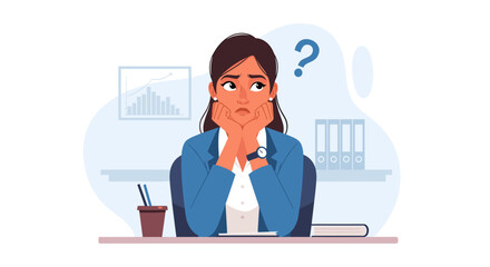Thoughtful businesswoman at her desk, perfect for illustrating problem-solving or decision-making in business contexts.
