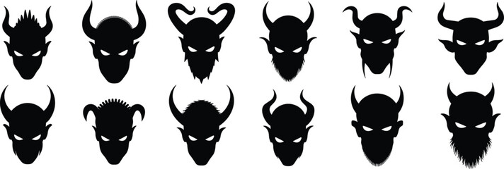 Demon head silhouette vector set, scary horned face designs, evil devil icon collection, gothic monster illustration pack, dark fantasy artwork

 flat vector illustration