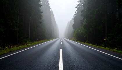 Fototapeta premium Empty road through misty forest (1)