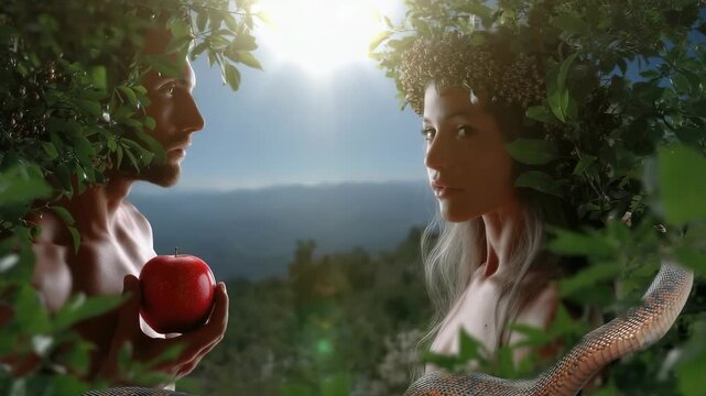 Serpent voice: Adam approach, Eve listen, fruit reach, Eden silence, sin echo, tree secret, divine gaze, sacred breach, moral lapse, exile path, faith shift, biblical message