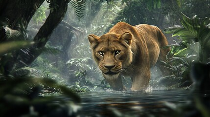 Focused Lioness Stalking Through Jungle River, Intense Gaze and Wildlife