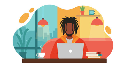 Man working on laptop in a cozy home office, perfect for freelance, remote work, or productivity concepts.