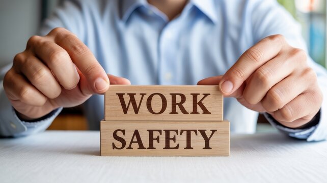 Manager's hand building 'Work Safety' concept with wooden blocks representing occupational health, risk management, and security.