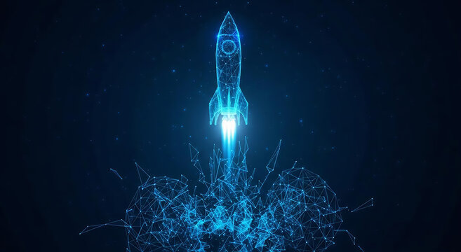 A futuristic blue rocket launches into the cosmos, depicted as a digital wireframe against a starry dark blue background