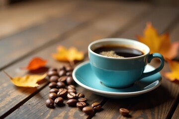 Fototapeta premium Aromatic Coffee Brew in Teal Cup with Scattered Coffee Beans and Autumn Leaves on Rustic Wooden Surface