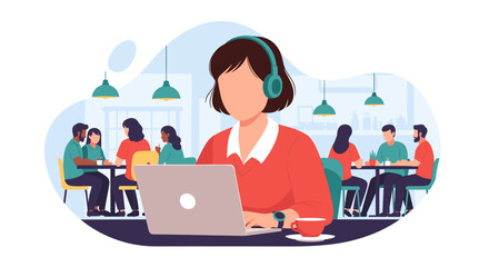 Woman working on laptop in a cafe, ideal for articles on remote work, coworking spaces, or freelance lifestyles.