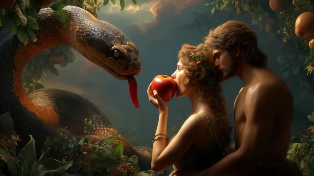Garden trial: Eve question, Adam follow, snake twist, fruit fate, Eden fade, shame begin, command break, myth stir, exile march, divine fire, truth reveal, sacred fall