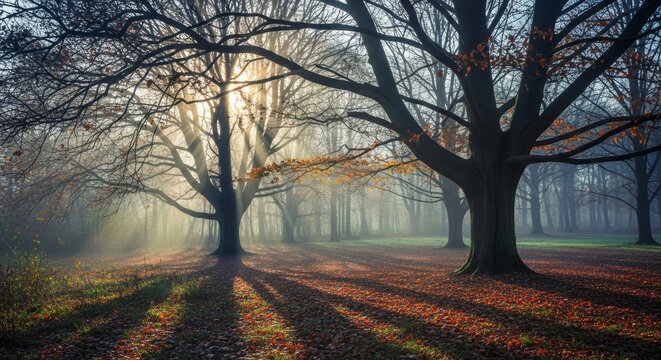 A misty forest scene with tall, bare trees casting long shadows on the ground. Fallen leaves cover the ground, creating an autumn atmosphere suitable for Halloween.