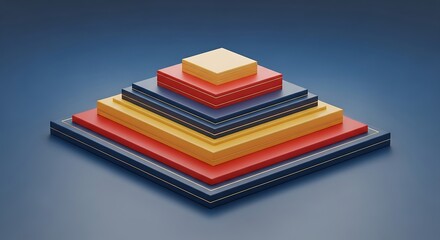 Abstract geometric pyramid structure with layered squares, vibrant colors, and minimalist design