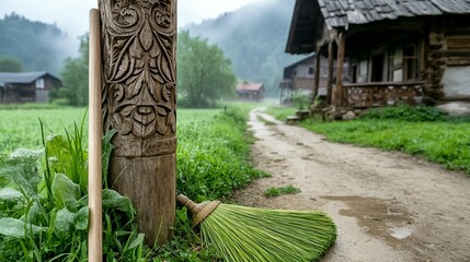 Rural Village Broom & Carved Post
